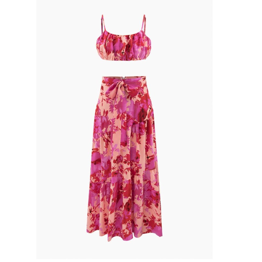 MICAS Floral Print Cami Top And Midi Skirt Set in Pink Size S